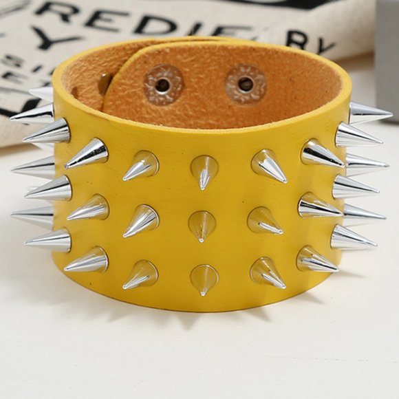 Yellow Faux Leather Three Row Spike Rivet Bracelet - Picture 2 of 3